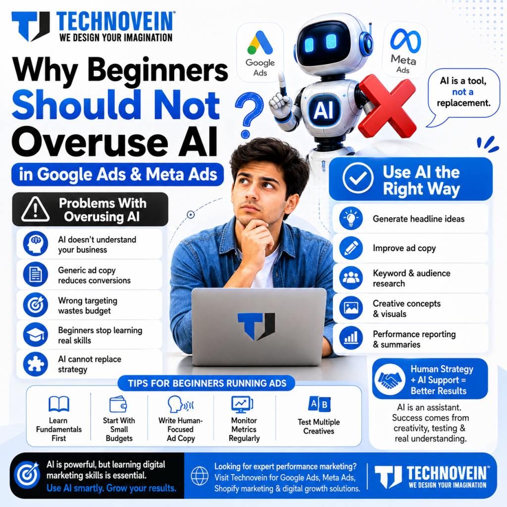Technovein infographic explaining why beginners should not overuse AI in Google Ads and Meta Ads, highlighting AI mistakes, smart AI usage, and digital marketing tips.