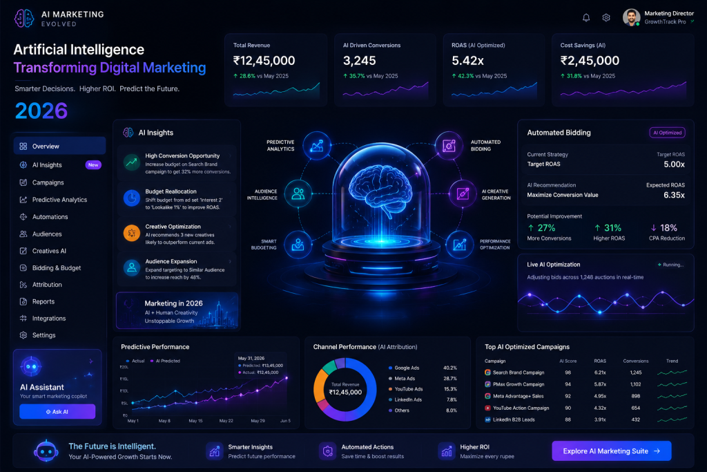 Artificial intelligence transforming digital marketing in 2026, predictive analytics, automated bidding, AI-powered advertising, futuristic marketing technology visualization, premium business style