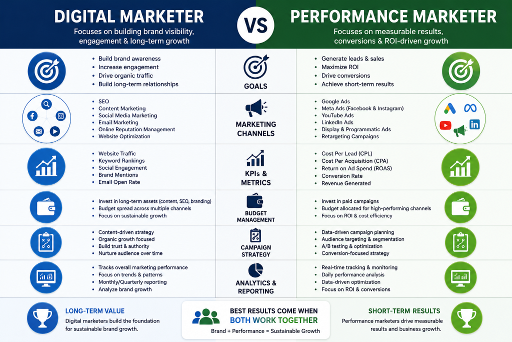 Difference between Digital Marketer and Performance Marketer, split-screen infographic, goals, KPIs, channels, budget management, analytics, clean corporate design