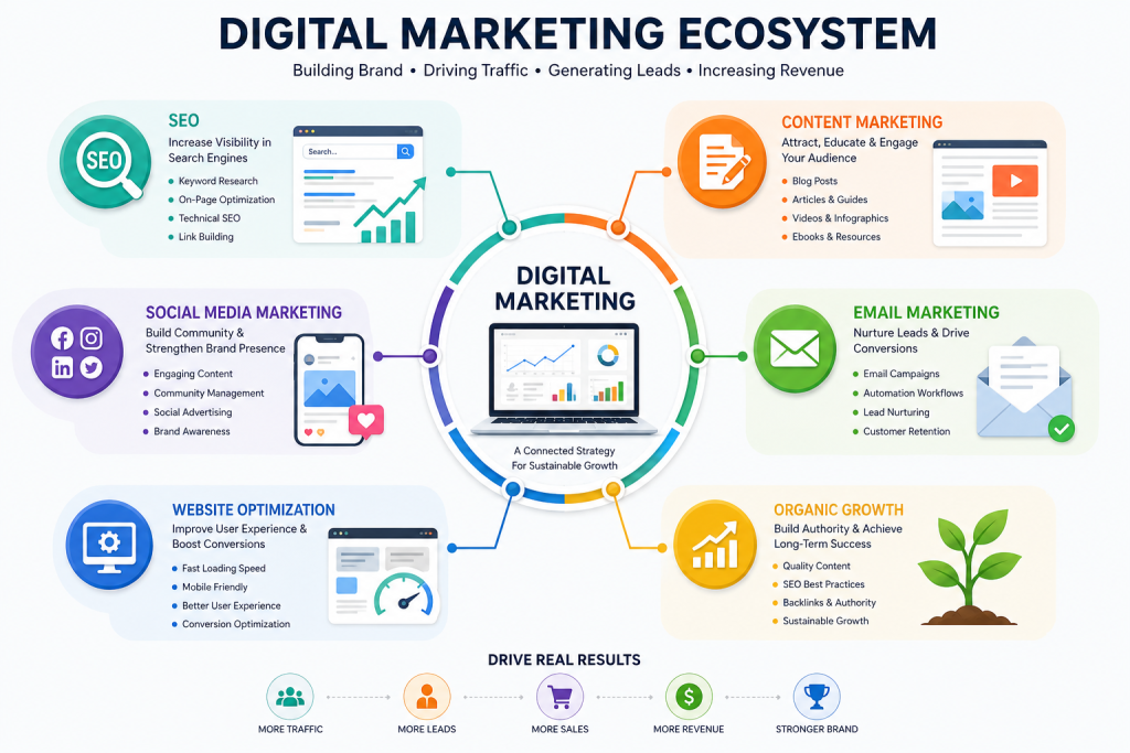 Digital marketing ecosystem with SEO, content marketing, email marketing, social media marketing, website optimization, organic growth, modern flat design infographic, professional business illustration